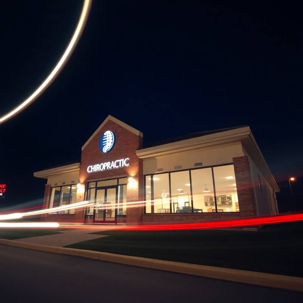 A long exposure photograph of an Ohio Chiropractic office from a low angle perspective, capturing motion or light trails in a dramatic style